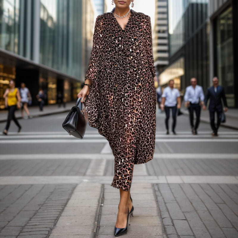 Leopard Dolman Sleeve Two-wear Midi Dress