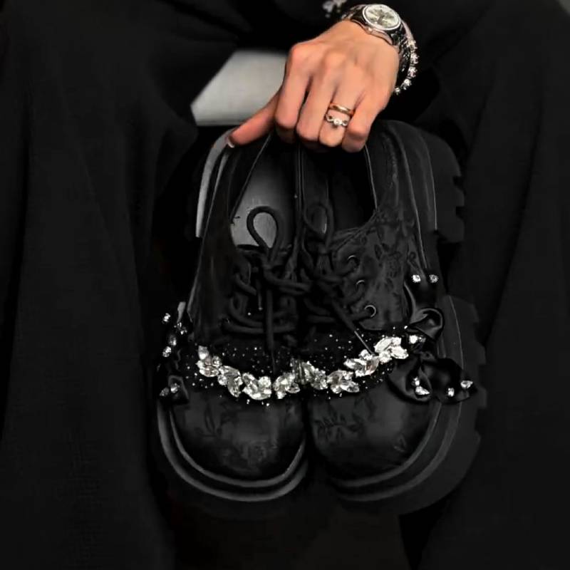 Chic Jacquard Rhinestone Lace-up Shoes