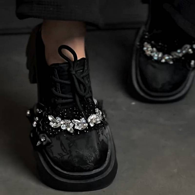 Chic Jacquard Rhinestone Lace-up Shoes