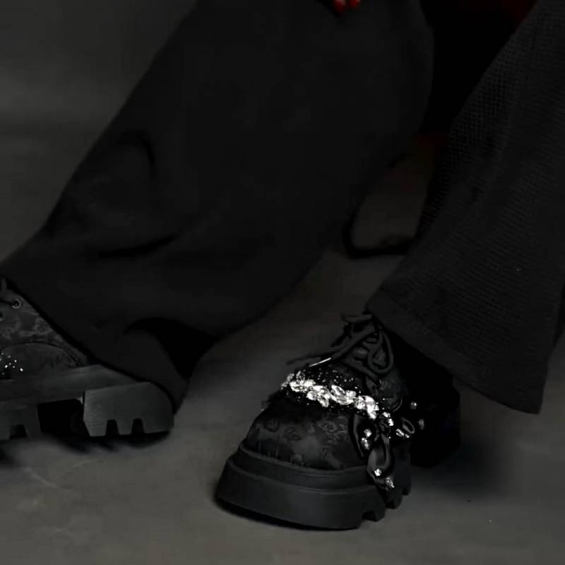 Chic Jacquard Rhinestone Lace-up Shoes