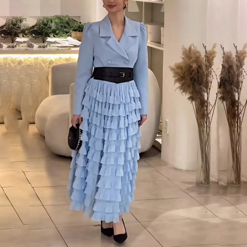 Elegant Suit Collar Waist Maxi Dress (free Belt)