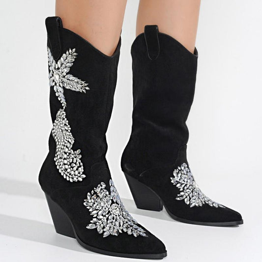 Chic Rhinestone Suede Boots