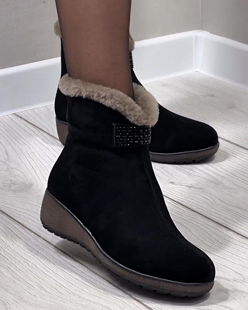 Cute Rhinestone Thick Warm Ankle Boots