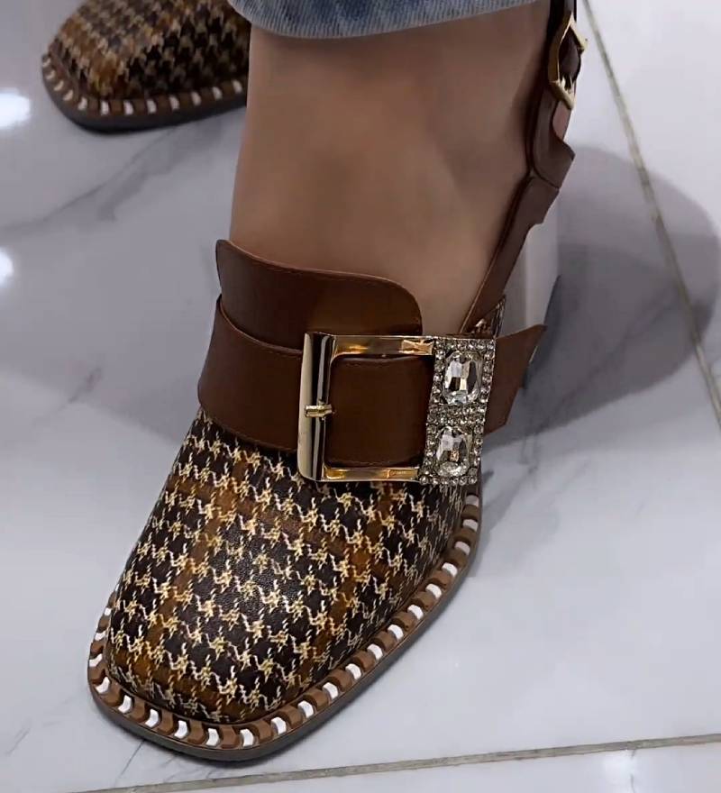 Vintage Rhinestone Buckle Thick Heel Sandals