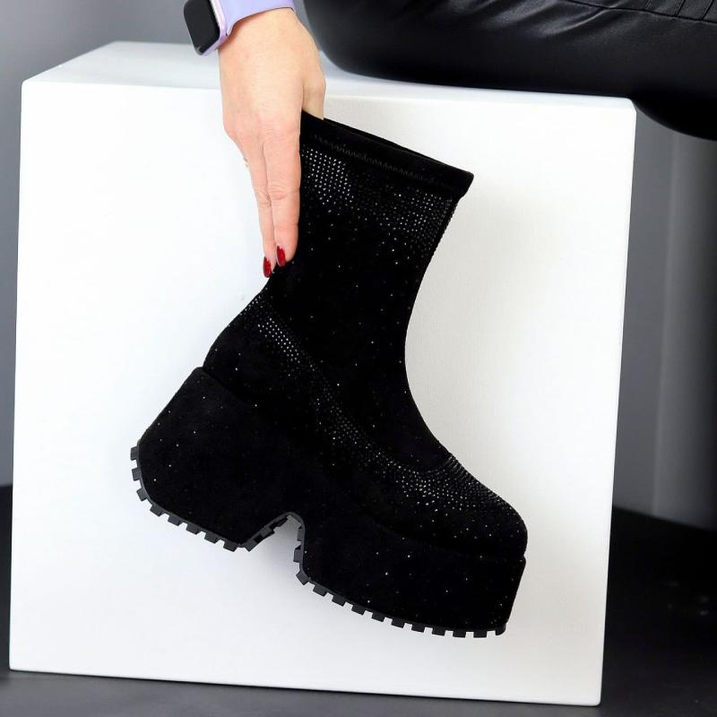 Shiny Black Rhinestone Platform Ankle Boots