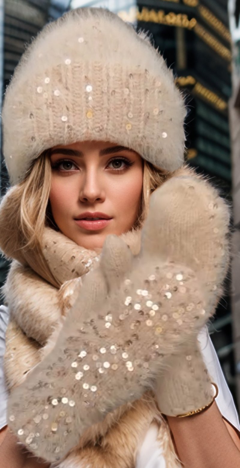 Warm Sequin Knitted Gloves and Hat Set