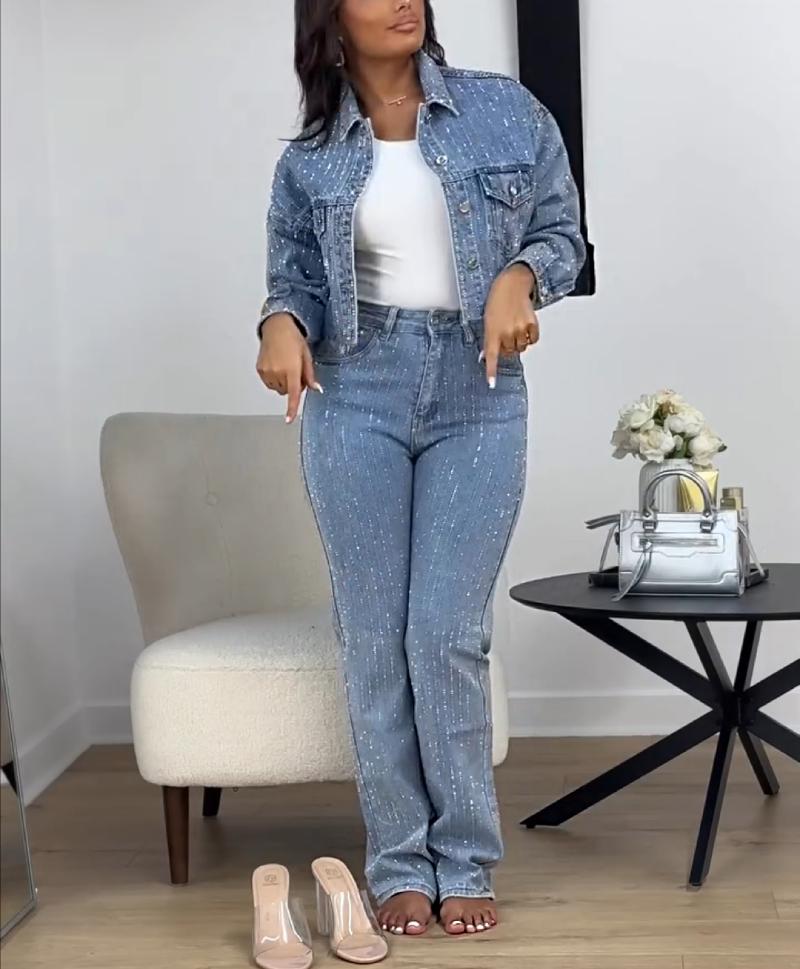 Eye-catching Shiny Denim Short Jacket Two-piece Set