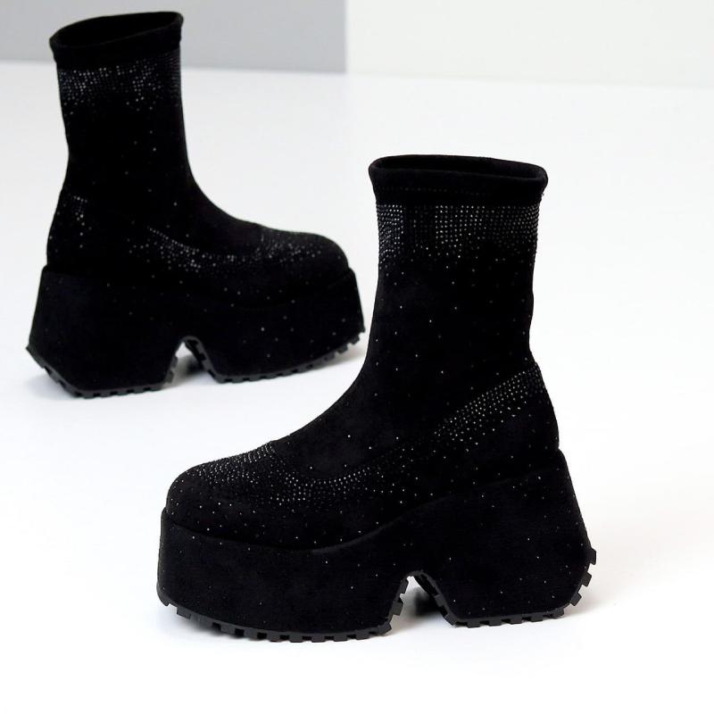 Shiny Black Rhinestone Platform Ankle Boots