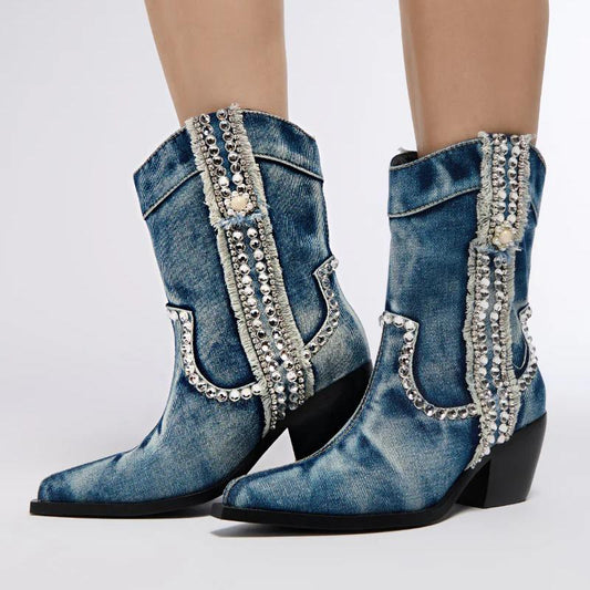 Cute Rhinestone Denim Booties