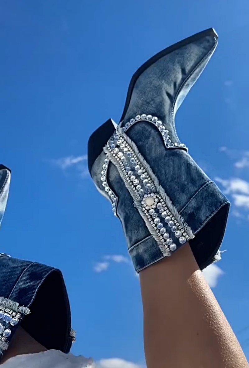 Cute Rhinestone Denim Booties