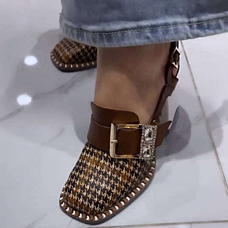 Vintage Rhinestone Buckle Thick Heel Sandals