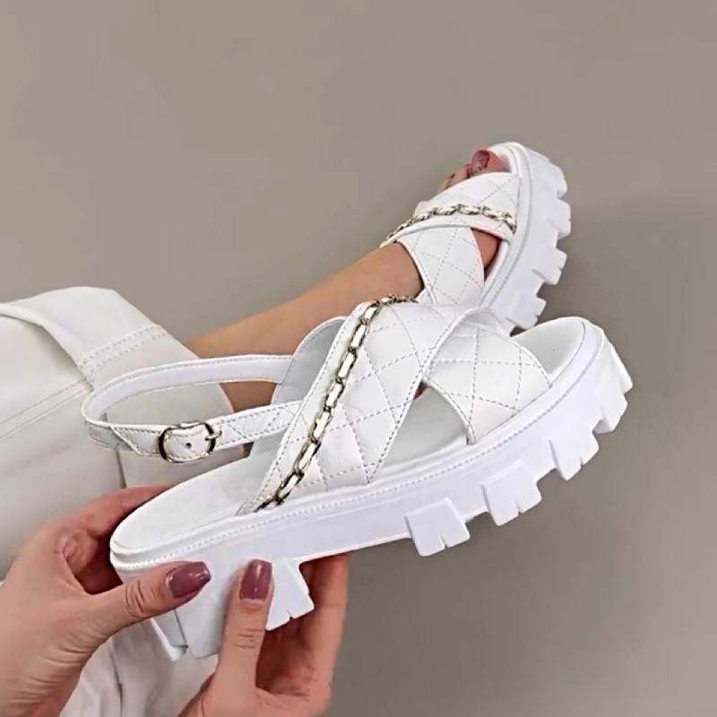 Chain Embellished Cross Diamond Check Sandals