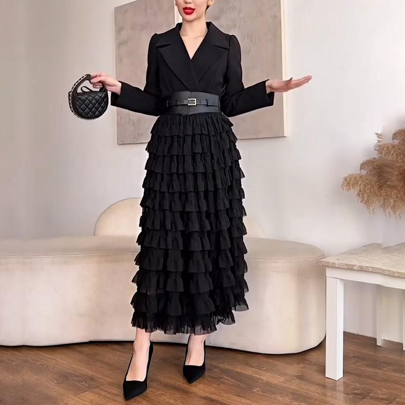 Elegant Suit Collar Waist Maxi Dress (free Belt)