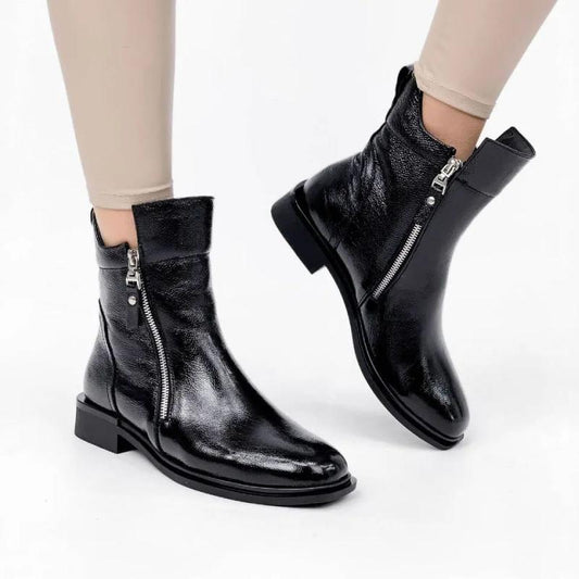 Cute Black Patent Leather Zip-up Booties