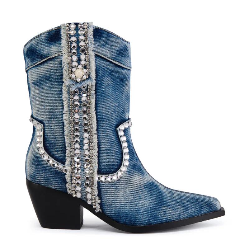 Cute Rhinestone Denim Booties