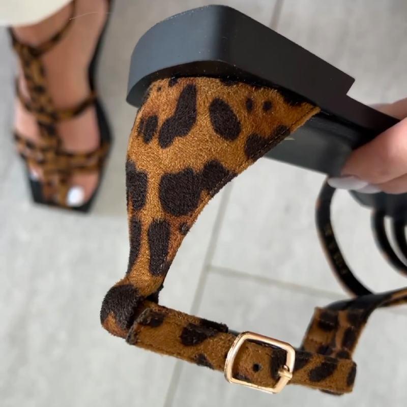 Chic Leopard Print Strappy Square Toe Sandals