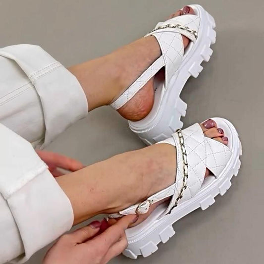 Chain Embellished Cross Diamond Check Sandals