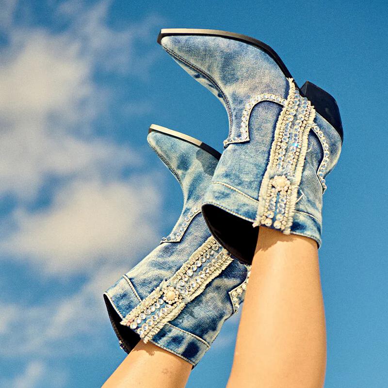 Cute Rhinestone Denim Booties