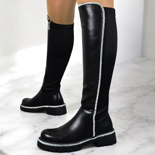 Cute Rhinestone Edging Leather High Boots