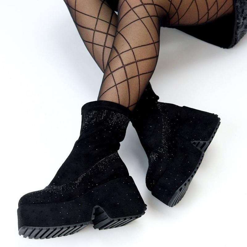 Shiny Black Rhinestone Platform Ankle Boots