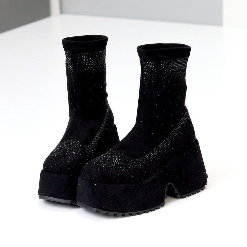 Shiny Black Rhinestone Platform Ankle Boots