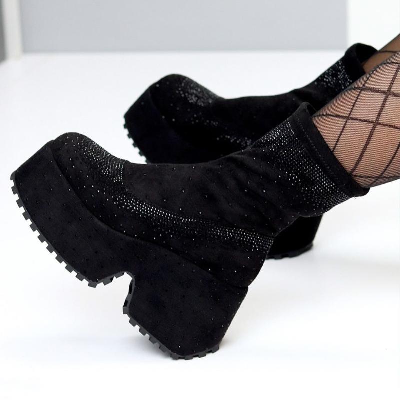 Shiny Black Rhinestone Platform Ankle Boots