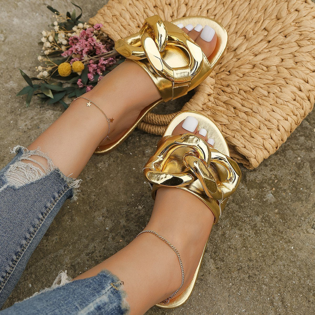 Chain-embellished Slip-on Slides