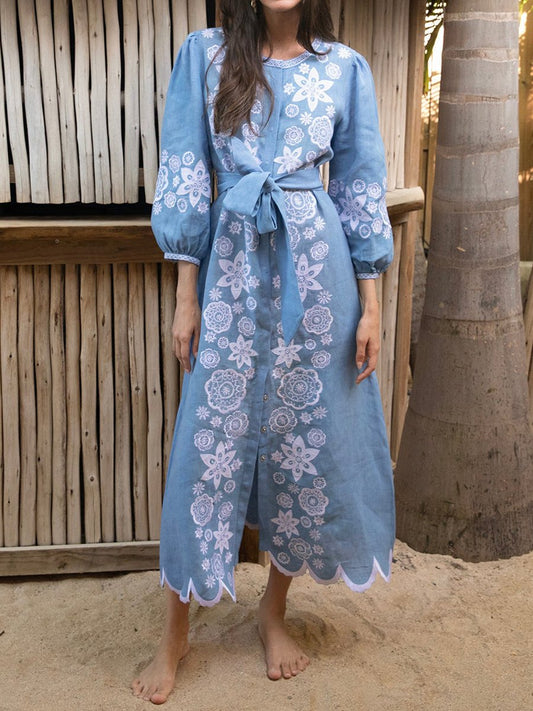 Printed Embroidered Long Sleeve Maxi Dress