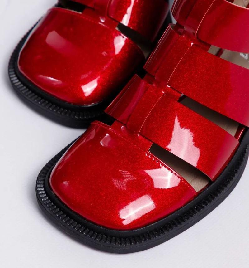 Eye-catching Red Patent Leather Zip-up Sandals