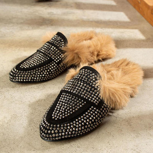 Sparkly Fur Womens Princetown Slippers